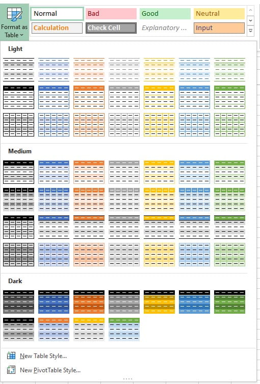 Format as Table in Excel