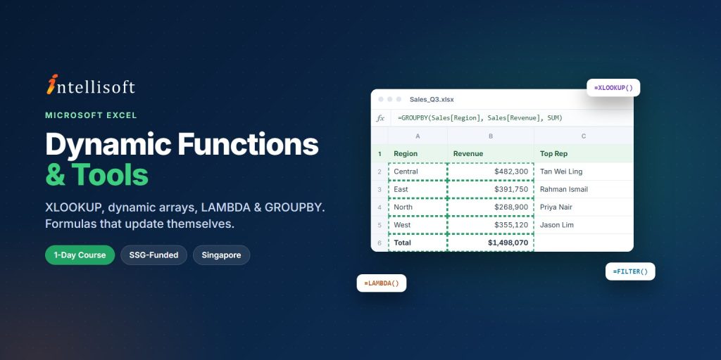 Dynamic Functions & Tools in Microsoft Excel course in Singapore at Intellisoft – XLOOKUP, FILTER, LAMBDA and GROUPBY